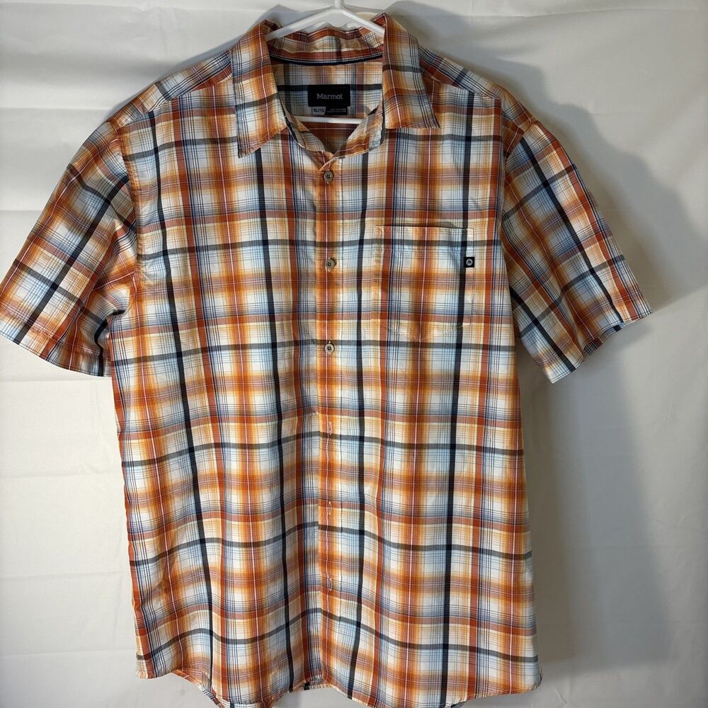 Marmot Mens Large Short Sleeve Plaid Button Down GORP Camp Shirt Orange White